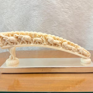 Ivory Look Tusk Jungle Scene,Handcrafted Elephant Lion Figurine,12 Inch Wildlife Art Decor,Anniversary or Birthday Gift,Home Decor, Tabletop
