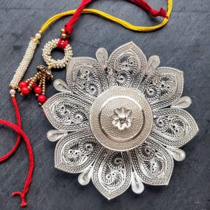 Handmade 925 Silver Floral Filigree Roli Chawal Chopda | Handcrafted Pooja Thali | Raksha Bandhan,Diwali Gift |Pure Silver Pooja Item –4.25&quot;