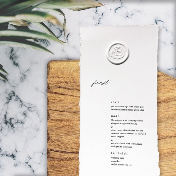 Deckled Edge Custom Printed Menus /  4.25" x 8.5" / with your choice of colour Wax Seal and Stamp