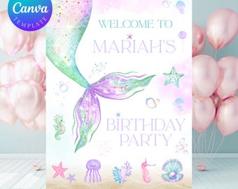 Mermaid Theme Birthday Welcome Sign/ Editable Canva Template / Size 18"x24" / Fully Customizable