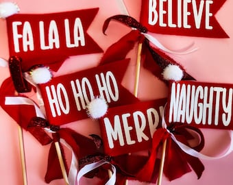 Christmas Felt Pennant Flags, Christmas photo props, Christmas Wand, Kids play, 5 Pennants/Handmade Christmas  Wand /Felt Pennant