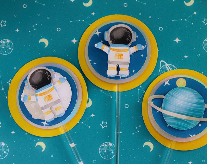 Set of 12 Space Birthday Astronaut Cupcake Toppers, Party decorations  Party Cupcake Toppers,  Space Birthday Planet