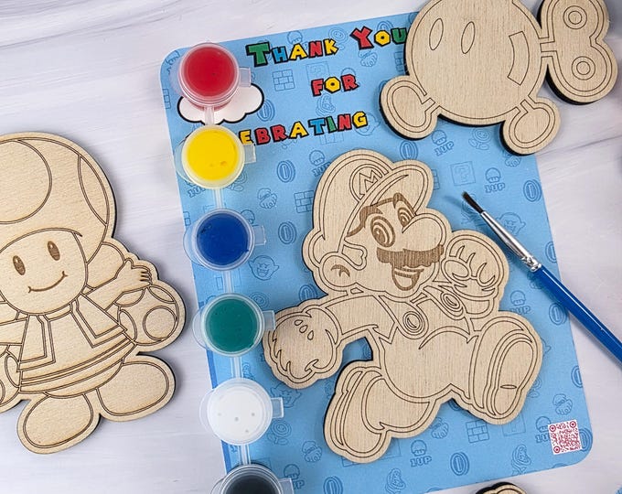 Super Mario Wooden Craft Kit, Paint Your Own Party Favor, Laser-Cut Figures
