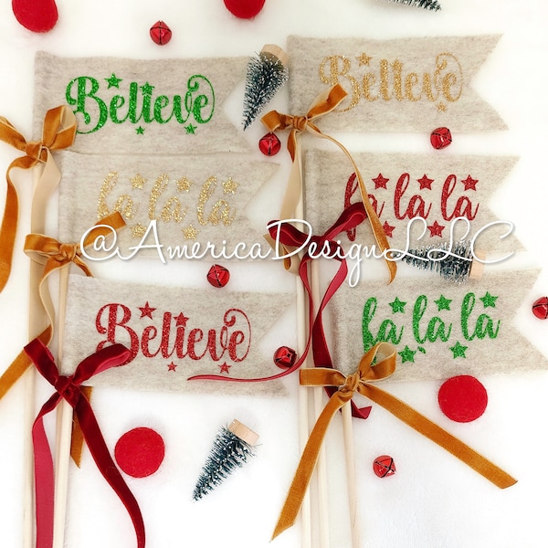 Banderas de banderines de fieltro navideño, accesorios fotográficos navideños, varita navideña, juego para niños, 6 banderines