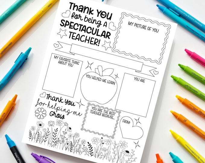 Teacher Appreciation Week Letter  Printable, Teacher Coloring Thank You Letter,  PDF file, Instant Download, Easy to print at home