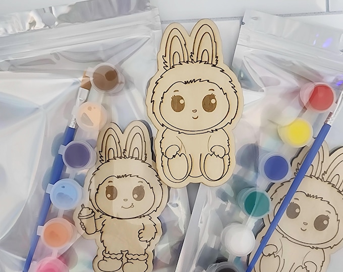 LABUBU Cute Paint Your Own Party Favors/Party Decor/Set of 6 Basswood Kit with Paints and Brush/Customizable Party Favors/kids activities