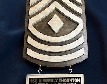 First Sergeant Hanging Wall Plaque 1SG Wood Cutout with Inscription Plate Gift