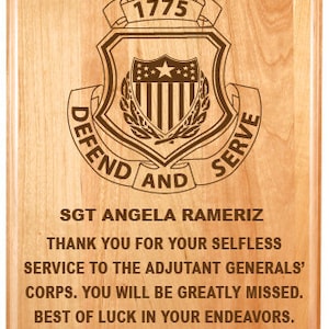 Custom Plaque with custom engraved image and text military / promotion / retirement / work gift / employee / wood plaque / award