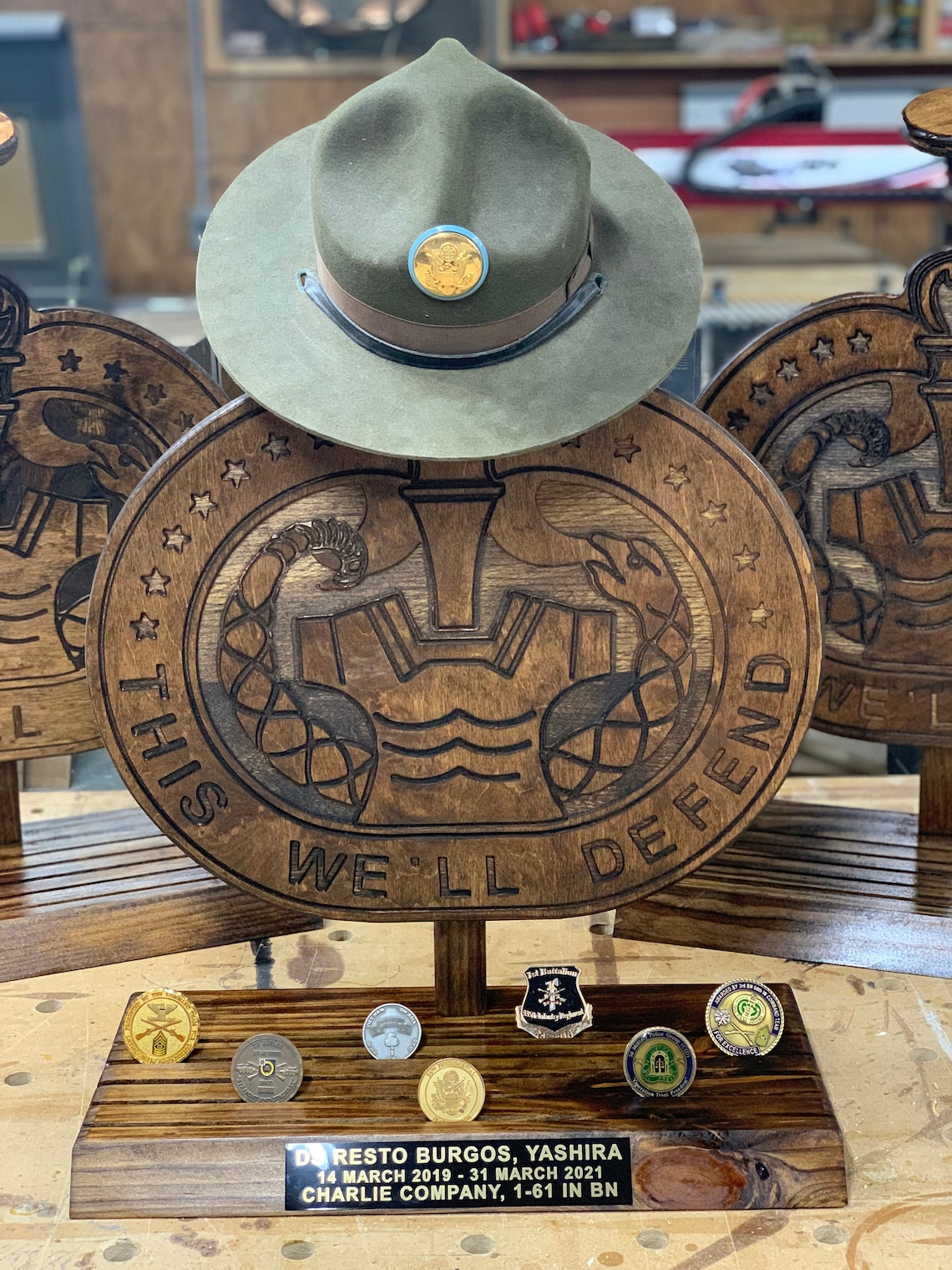 US Army Drill Sergeant Hat Coin Stand Wood Etsy