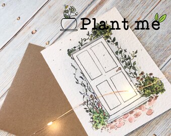 Plantable Card:  Home Sweet Home Greeting Card, house door with wildflowers and green foliage