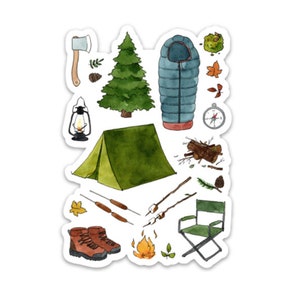 May include: A set of watercolor illustrations of camping gear, including a green tent, a blue sleeping bag, a lantern, a compass, a campfire, a pair of hiking boots, a wooden chair, a pine tree, and an axe.