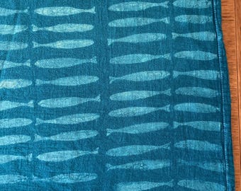 BLOCK PRINT FISHIES Hand-Dyed Indigo Cloth – Clay Resist Textile, Artisan Cotton Kitchen Towel, Bandana, Functional Art