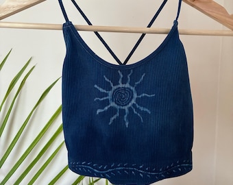 SUN Hand-Dyed Upcycled Indigo Bralette/Crop Top – Clay Resist Textile, Womens Small