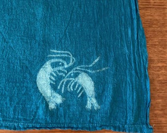 SHRIMP FRIENDS Hand-Dyed Indigo Cloth – Clay Resist Textile, Artisan Cotton Kitchen Towel, Bandana, Functional Art