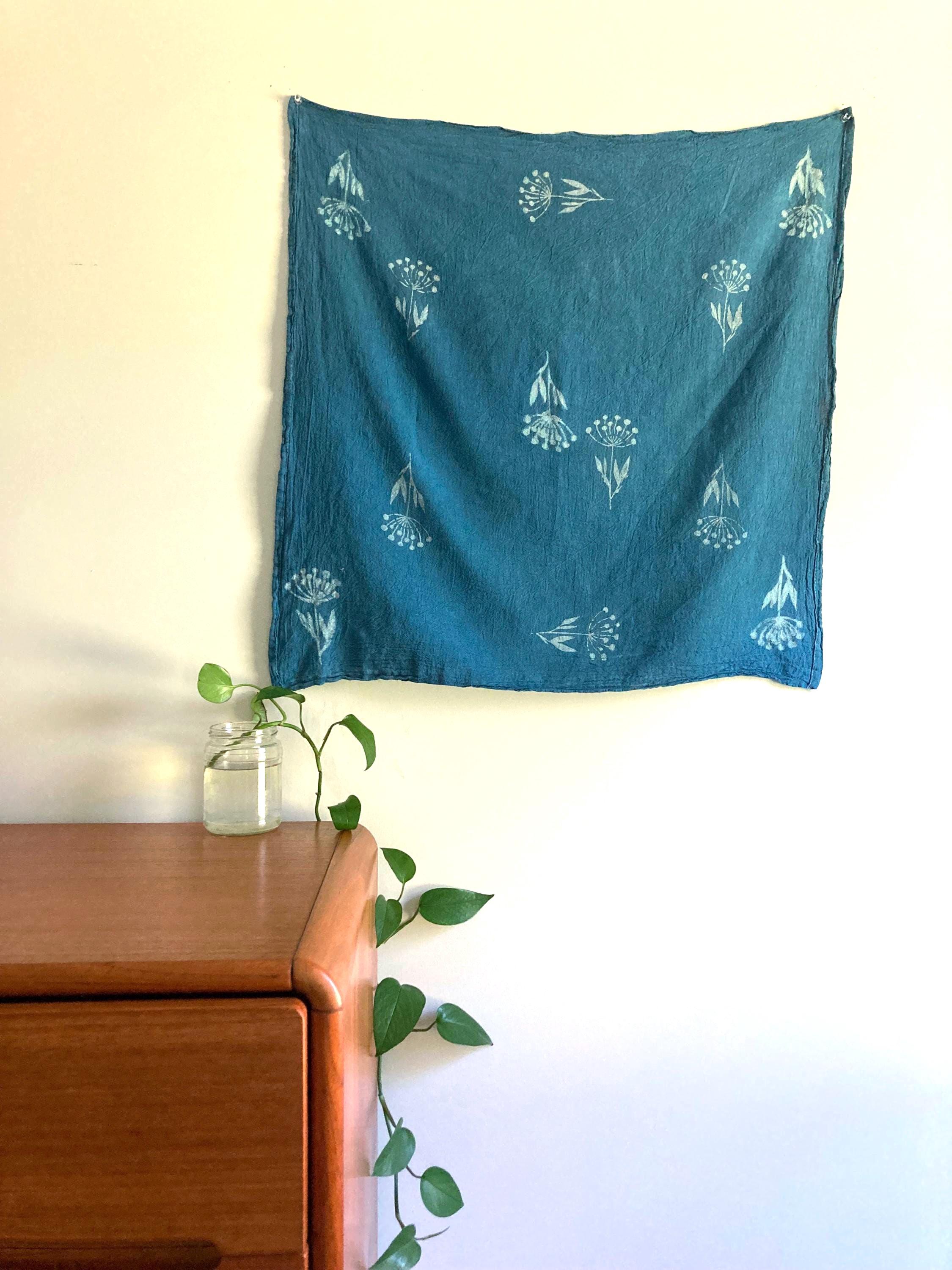 FLORAL PRINT Hand-Dyed Indigo Cloth – Clay Resist Textile, Artisan Cotton Kitchen Towel, Bandana, Functional Art