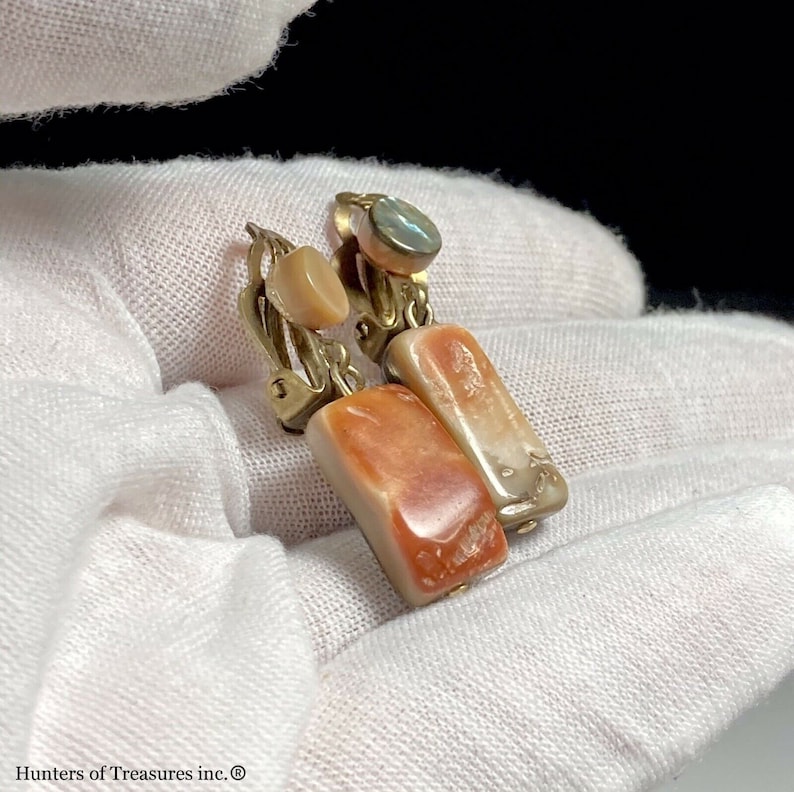 Vintage Shell On Gold Tone Metal Clip On Earrings