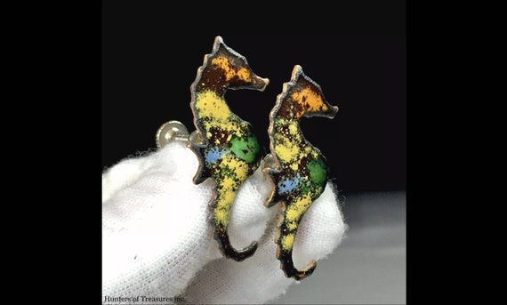 Vintage Sea-Horse Earrings Enameled Enamel on Meta