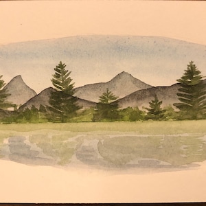 Free Fast Shipping! Handmade Original Lakefront Mountain Range Watercolor Painting