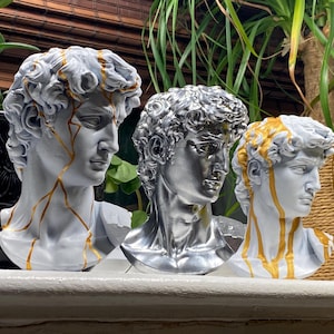 May include: Three decorative busts of David, each with a unique finish. One is silver, while the other two are white with gold-colored accents. The busts are displayed on a white ledge, with greenery in the background.