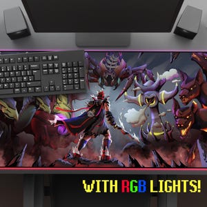 May include: A rectangular gaming mouse pad with a fantasy battle scene featuring a warrior and various monsters. The pad has a black keyboard and mouse on top, and the border glows with RGB lights. The text "WITH RGB LIGHTS!" is at the bottom.