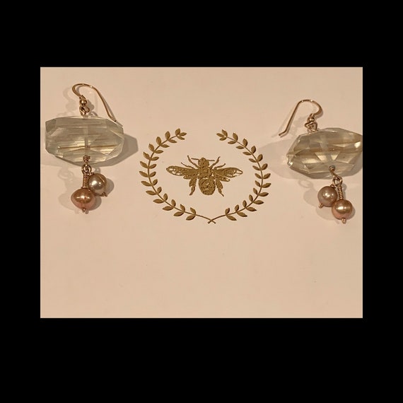 Golden Rutilated Quartz & Pearl Dangle Earrings - image 3