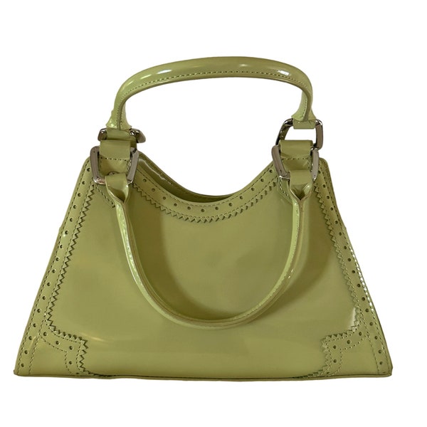 Via Spiga Double Handle Celery Green Patent Leather Bag With Laser Cut Detail