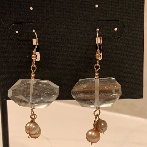 Golden Rutilated Quartz & Pearl Dangle Earrings - image 1