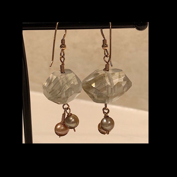 Golden Rutilated Quartz & Pearl Dangle Earrings - image 2