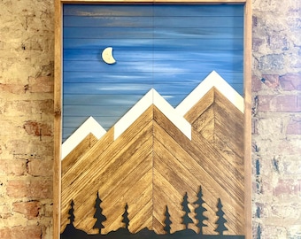 Rustic Mountain Cabinet - Blue Sky w/ Trees Mountain Art - Bathroom Art - Medicine Cabinet- Liquor Cabinet - Rustic Cabinet- Home decor