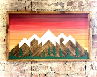 Rustic Sunset with Trees- Rustic Mountain Wood Wall Art-Wall Decor- Mountain artwork- Home Decor-Wall Art- Rustic Decor