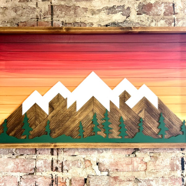 Rustic Sunset with Trees- Rustic Mountain Wood Wall Art-Wall Decor- Mountain artwork- Home Decor-Wall Art- Rustic Decor