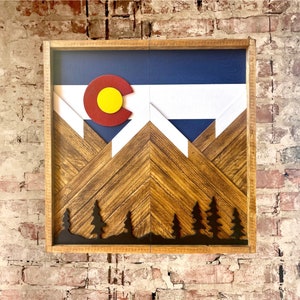 Rustic Dartboard Cabinet - Rustic Colorado Flag w/ trees Mountain Art  24”x24” - Rustic Cabinet - Game Room / Man Cave Art - Wall Decor