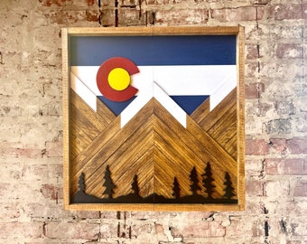 Rustic Dartboard Cabinet - Rustic Colorado Flag w/ trees Mountain Art  24”x24” - Rustic Cabinet - Game Room / Man Cave Art - Wall Decor