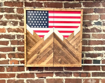 Rustic Dartboard Cabinet - Rustic American Flag - Rustic Cabinet - 24”x24” - Game Room / Man Cave Art - Wall Decor