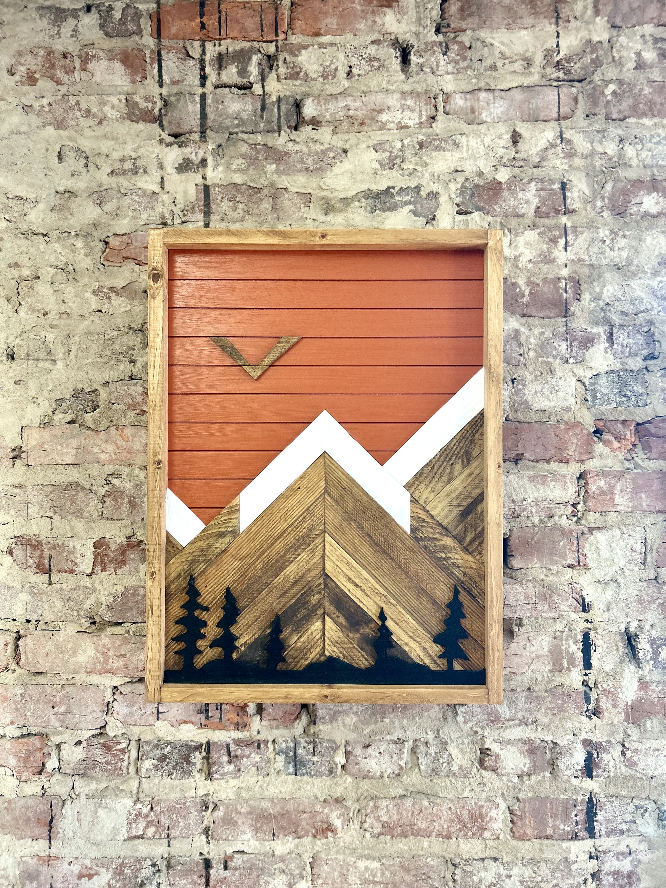 Rustic Bathroom Cabinet - (Single Door) Orange  w/ Trees Mountain Art-Bathroom Cabinet-Medicine Cabinet-Liquor Cabinet - Rustic Cabinet