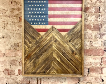 Electronic Dartboard Cabinet - Rustic Weathered America Flag w/ Mountains - USA Flag-Rustic Cabinet - 33”x 26”-Game Room/Man Cave Art -Decor