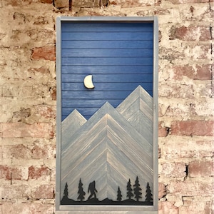Rustic Electrical Panel Cover - Navy sky - Mountains with trees and Bigfoot - Custom Sizes Available -Breaker Box Panel Cover - Wall Decor