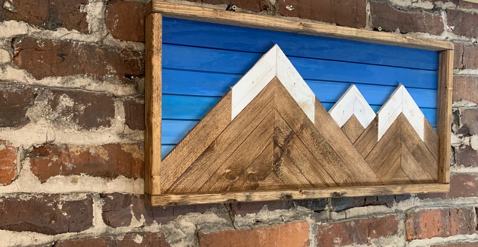 Rustic Blueshade Mountain Art 12x 24 Wall Decor Etsy