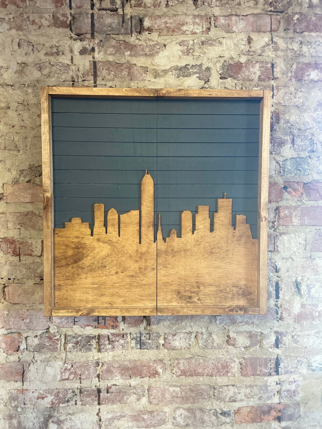 Rustic Dartboard Cabinet Rustic City Skyline Art 24x24 - Etsy - Rustic City Decor