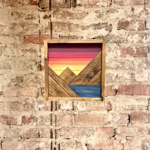 Orange/Maroon Sky Sunrise/Sunset - Rustic Mountain Wood Wall Art  with Water- Multiple sizes available - Wall Decor