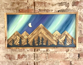 Rustic Aurora Borealis Background w/ Trees- Rustic Mountain Wood Wall Art-Wall Decor- Northern Lights Sky Decor- Home Decor-Wall Art