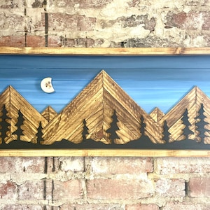 Rustic Blueshade Background w/ Moon & Trees- Rustic Mountain Wood Wall Art-Wall Decor- Night Sky Decor- Home Decor-Wall Art- Rustic Decor