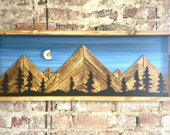 Rustic Blueshade Background w/ Moon & Trees- Rustic Mountain Wood Wall Art-Wall Decor- Night Sky Decor- Home Decor-Wall Art- Rustic Decor