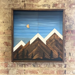 Rustic Dartboard Cabinet - Rustic Blue Sky w/ Trees Mountain Art  24”x24” - Rustic Cabinet - Game Room / Man Cave Art - Wall Decor - Cabinet
