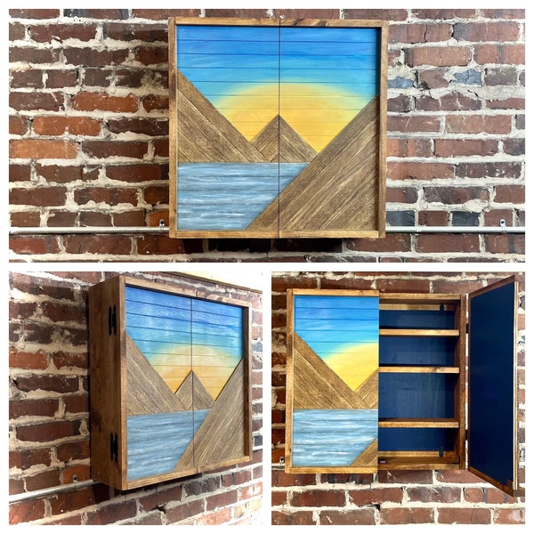 Rustic Mountain Cabinet 24”x 24” Blue Sky w/ Water Mountain Art - Bathroom Art - Medicine Cabinet- Liquor Cabinet - Rustic Cabinet