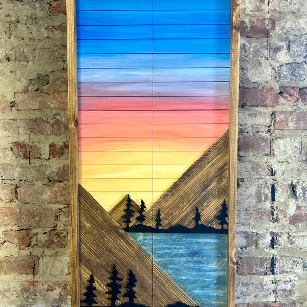 Rustic Mountain Cabinet - Sunrise w/ Trees Mountain Art - Bathroom Art - Medicine Cabinet- Liquor Cabinet - Rustic Cabinet- Home decor