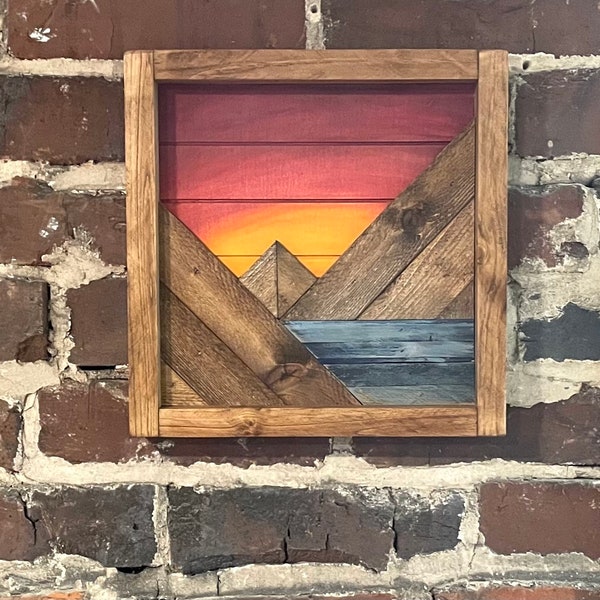 Orange/Maroon Sky Sunrise/Sunset - Rustic Mountain Wood Wall Art  with Water- Multiple sizes available - Wall Decor