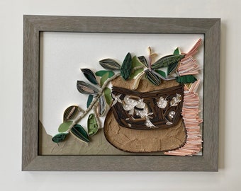 Framed  quilled flower potted plant. 18.5 x 14.5 inch quilled paper art.