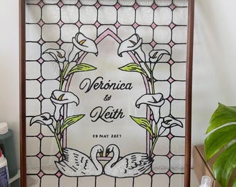 Décoration murale signe de mariage fleur et cygne en vitrail, personnalisée