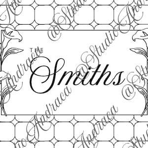 May include: Black and white floral design with the name "The Smiths" in elegant script. The design features calla lilies and a geometric background, suitable for personalized home decor.